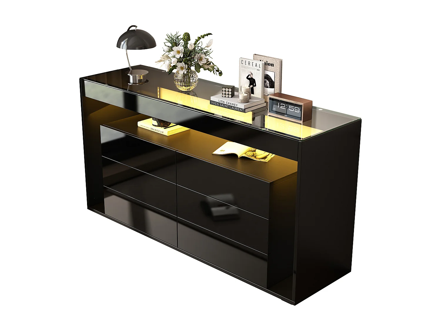 Buffet bas avec 6 tiroirs - 140 x 40 x 72 cm - avec plateau en verre trempé - rangement - aggloméré - noir