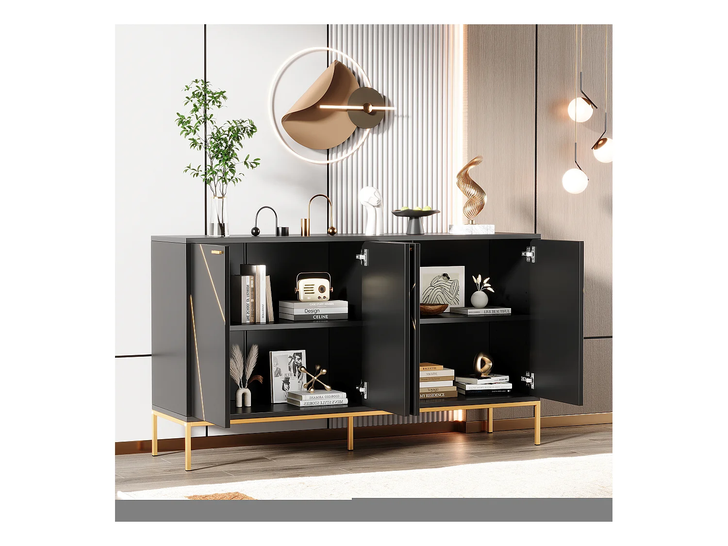 Niedriges Sideboard mit 4 Türen - 150 x 40 x 80 - Metallbeine - Fernsehschrank/Garderobe - Spanplatte - Schwarz