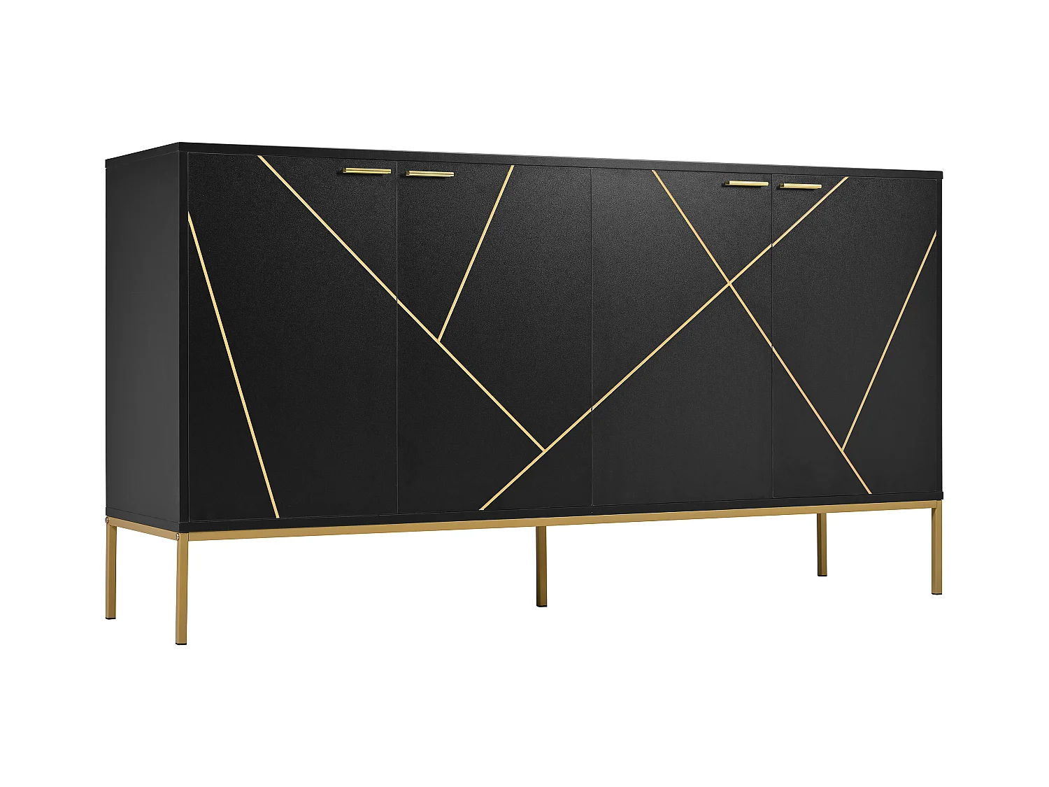 Niedriges Sideboard mit 4 Türen - 150 x 40 x 80 - Metallbeine - Fernsehschrank/Garderobe - Spanplatte - Schwarz