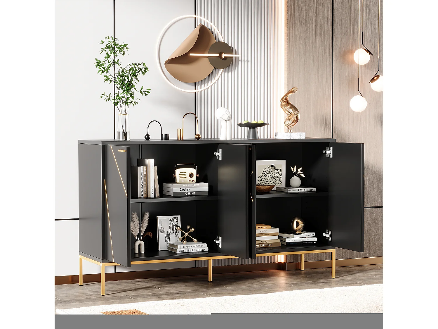 Lage dressoir met 4 deuren - 150 x 40 x 80 - metalen poten - tv-kast / kledingkast - spaanplaat - zwart