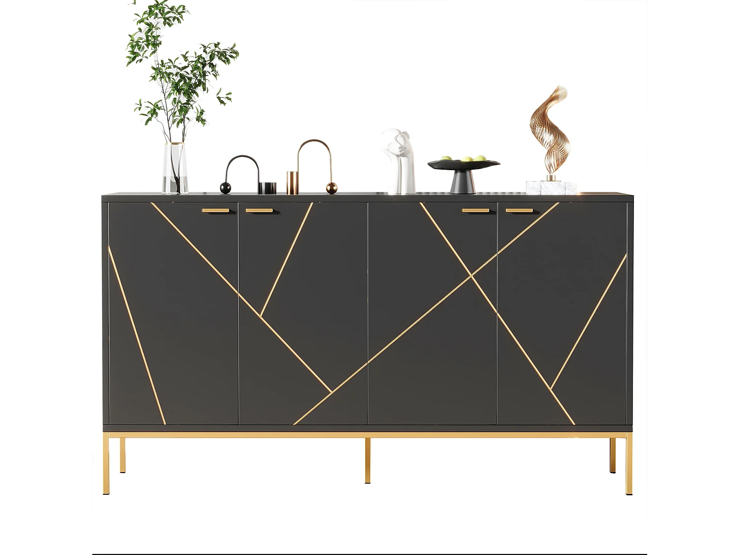 Lage dressoir met 4 deuren - 150 x 40 x 80 - metalen poten - tv-kast / kledingkast - spaanplaat - zwart