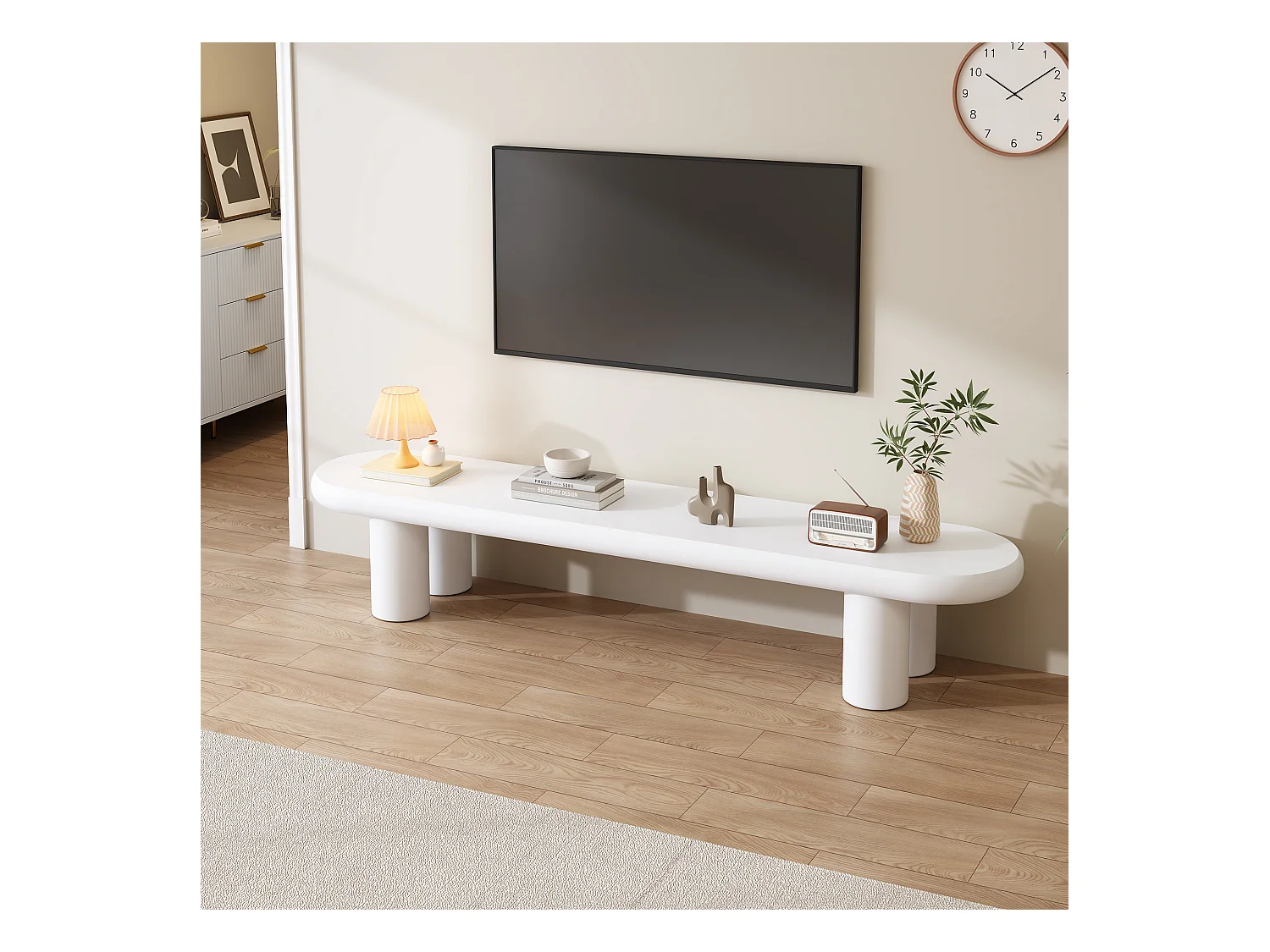 Meuble TV - 160 x 40 x 40 cm - avec 4 pieds - adapté aux téléviseurs jusqu'à 65 pouces - MDF - blanc