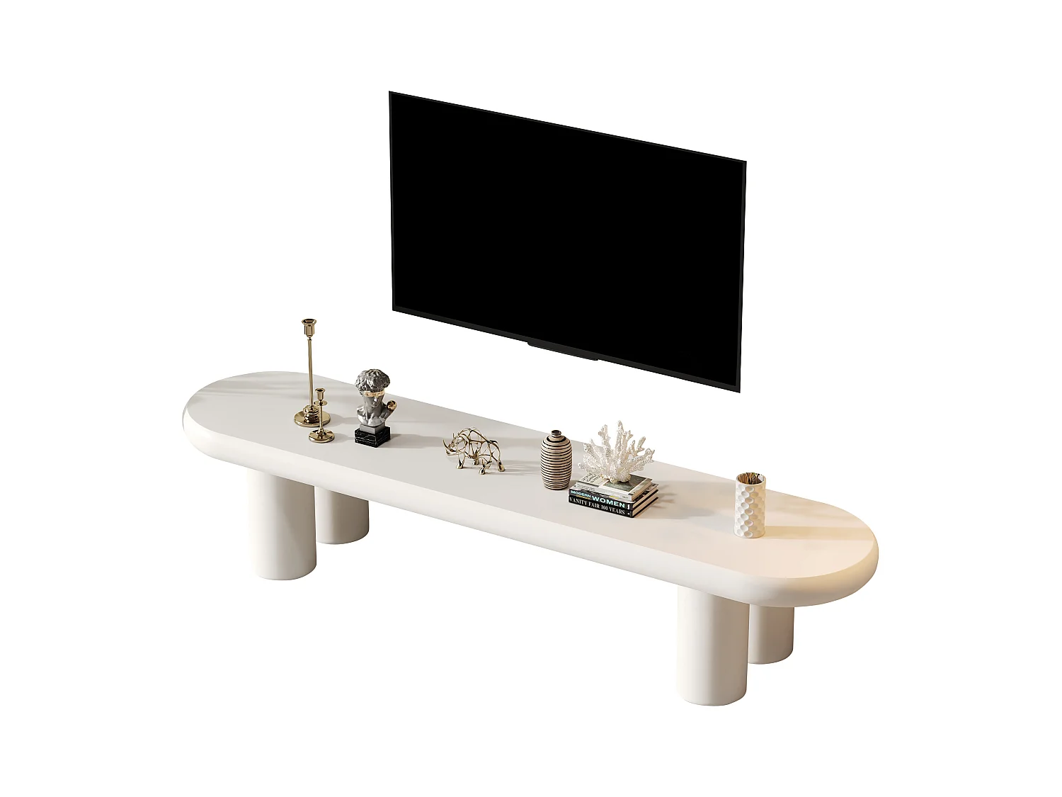 Meuble TV - 160 x 40 x 40 cm - avec 4 pieds - adapté aux téléviseurs jusqu'à 65 pouces - MDF - blanc