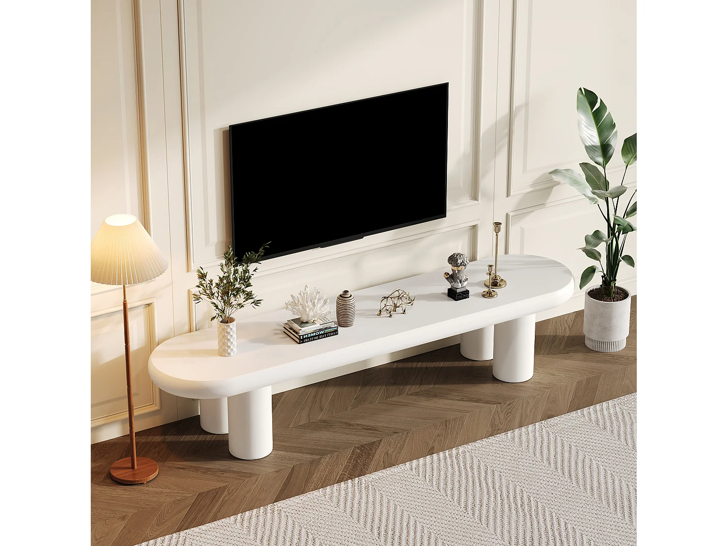 Meuble TV - 160 x 40 x 40 cm - avec 4 pieds - adapté aux téléviseurs jusqu'à 65 pouces - MDF - blanc