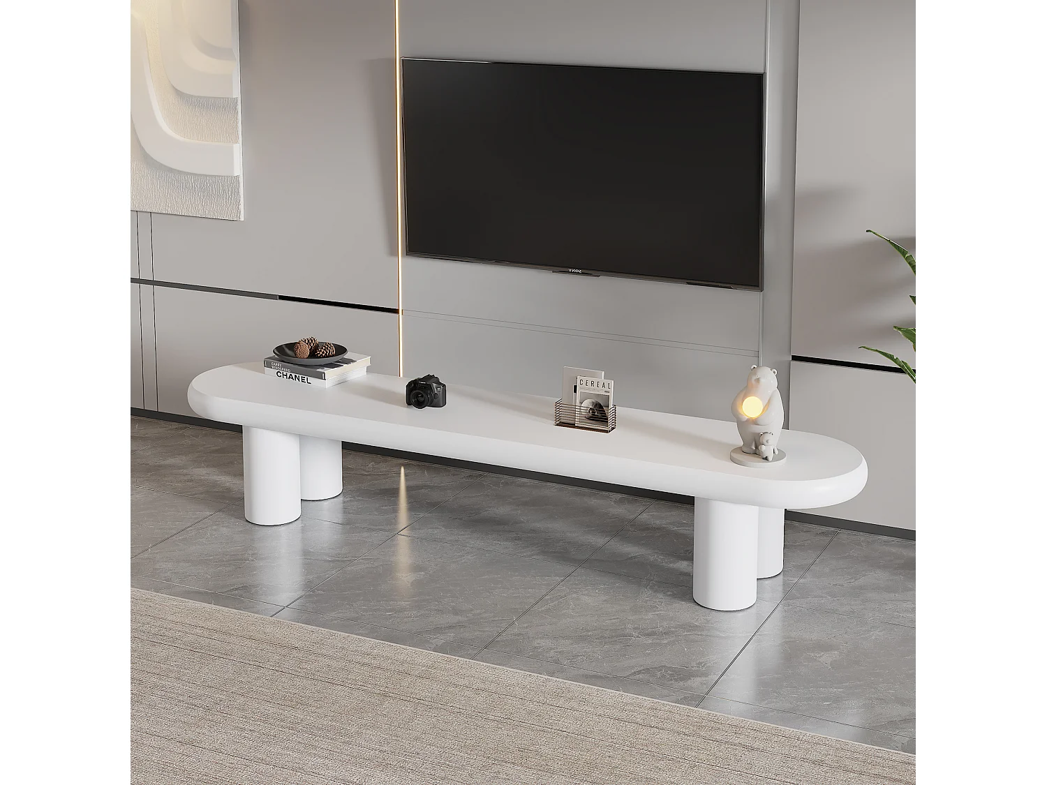 Meuble TV - 160 x 40 x 40 cm - avec 4 pieds - adapté aux téléviseurs jusqu'à 65 pouces - MDF - blanc