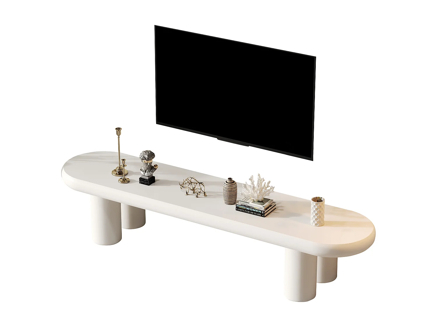 Meuble TV - 160 x 40 x 40 cm - avec 4 pieds - adapté aux téléviseurs jusqu'à 65 pouces - MDF - blanc