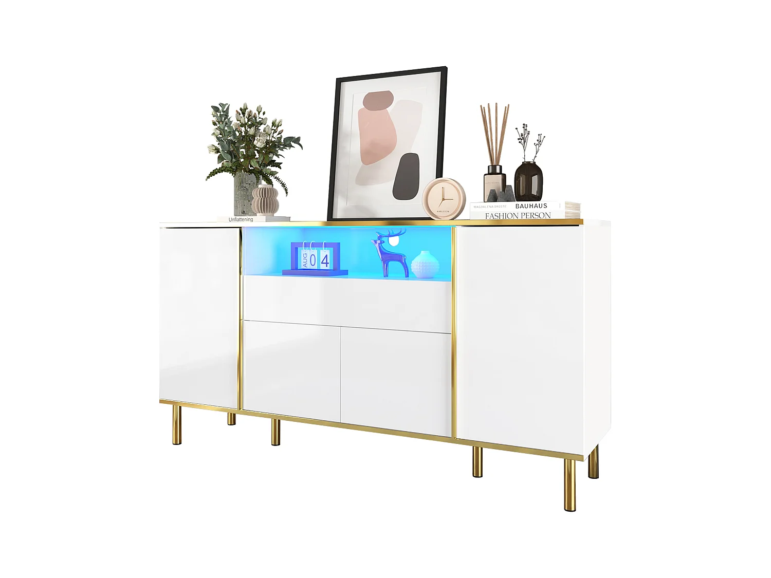 Niedriges Hochglanz-Sideboard – 150 x 40 x 80 cm – mit 1 Schublade + 4 Türen – Spanplatte + MDF – weiß