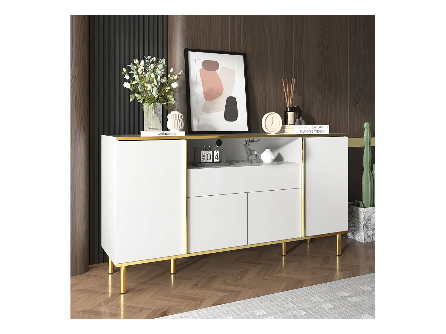 Aparador bajo de alto brillo - 150 x 40 x 80 cm - con 1 cajón + 4 puertas - Tablero de partículas + MDF - blanco