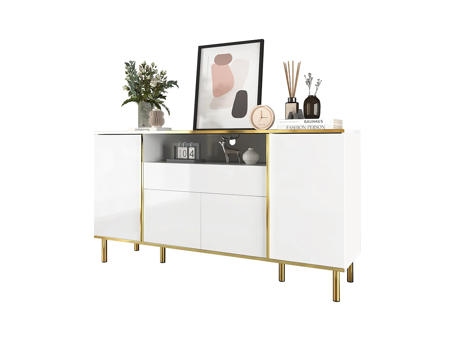 Aparador bajo de alto brillo - 150 x 40 x 80 cm - con 1 cajón + 4 puertas - Tablero de partículas + MDF - blanco