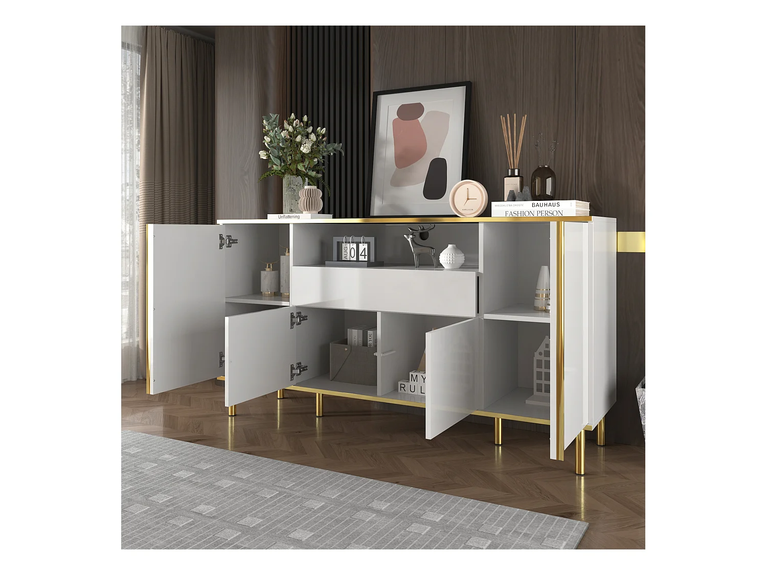 Aparador bajo de alto brillo - 150 x 40 x 80 cm - con 1 cajón + 4 puertas - Tablero de partículas + MDF - blanco