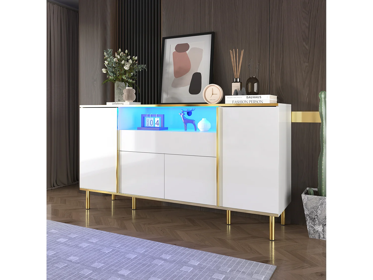 Credenza bassa lucida - 150 x 40 x 80 cm - con 1 cassetto + 4 ante - Pannello truciolare + MDF - bianco