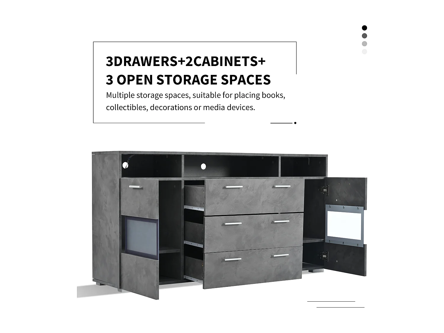 Buffet moderne de rangement - 140 x 33.5 x 72.5 cm - avec Leds + 2 portes + 3 tiroirs - aggloméré - gris