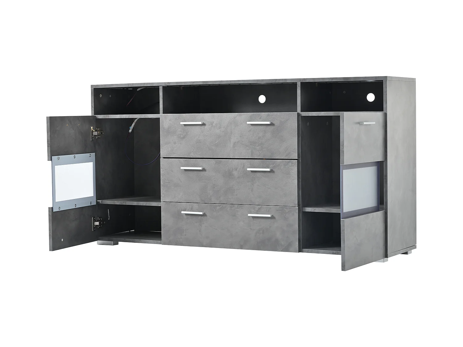 Buffet moderne de rangement - 140 x 33.5 x 72.5 cm - avec Leds + 2 portes + 3 tiroirs - aggloméré - gris