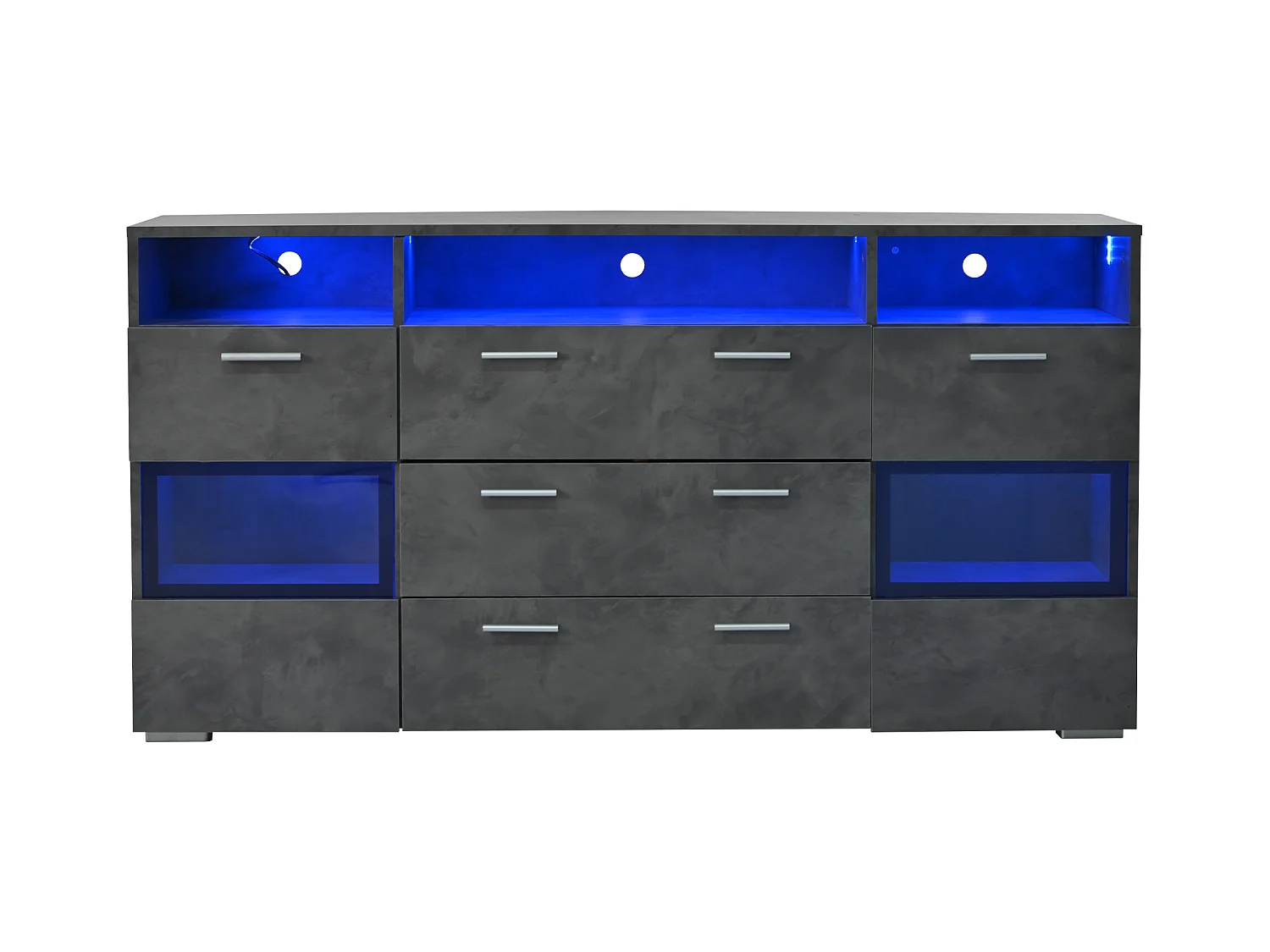 Nowoczesna komoda do przechowywania - 140 x 33,5 x 72,5 cm - z diodami LED + 2 drzwi + 3 szuflady - płyta wiórowa - szara