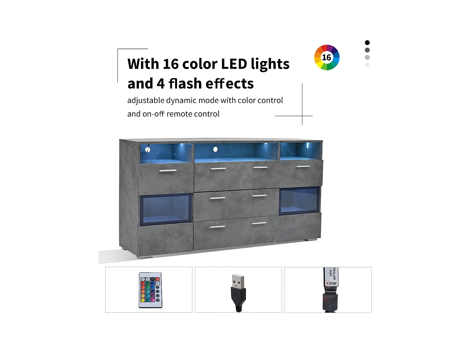 Nowoczesna komoda do przechowywania - 140 x 33,5 x 72,5 cm - z diodami LED + 2 drzwi + 3 szuflady - płyta wiórowa - szara