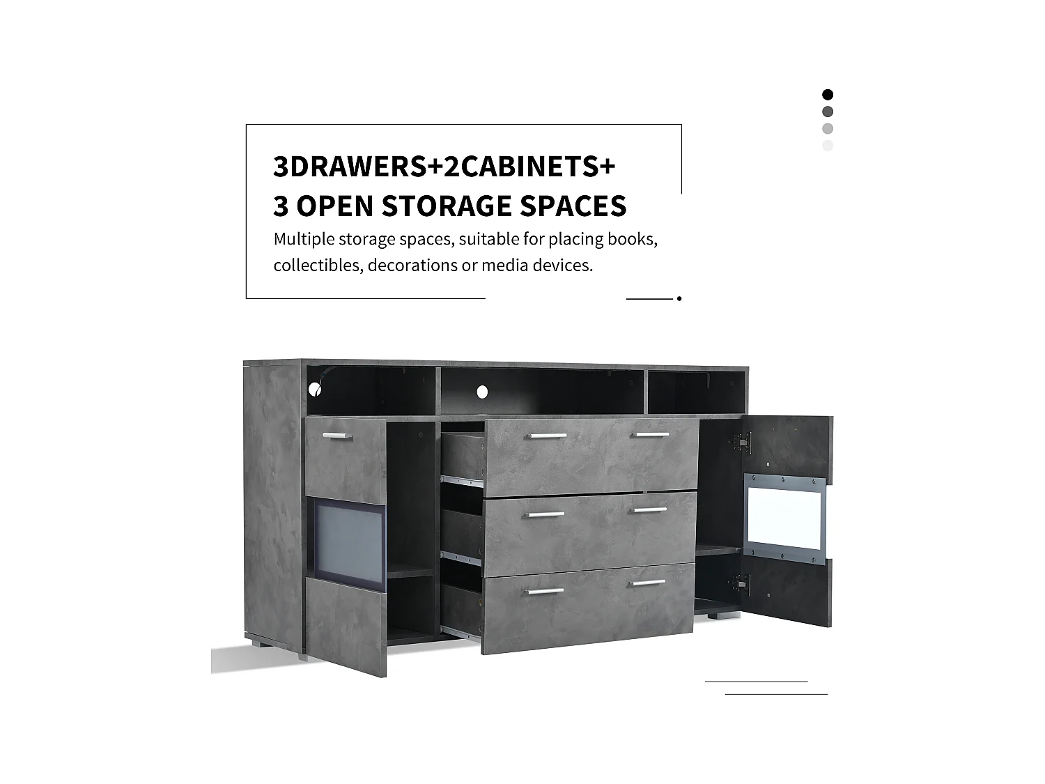 Nowoczesna komoda do przechowywania - 140 x 33,5 x 72,5 cm - z diodami LED + 2 drzwi + 3 szuflady - płyta wiórowa - szara