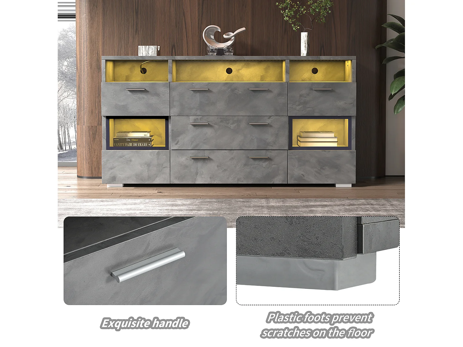 Nowoczesna komoda do przechowywania - 140 x 33,5 x 72,5 cm - z diodami LED + 2 drzwi + 3 szuflady - płyta wiórowa - szara