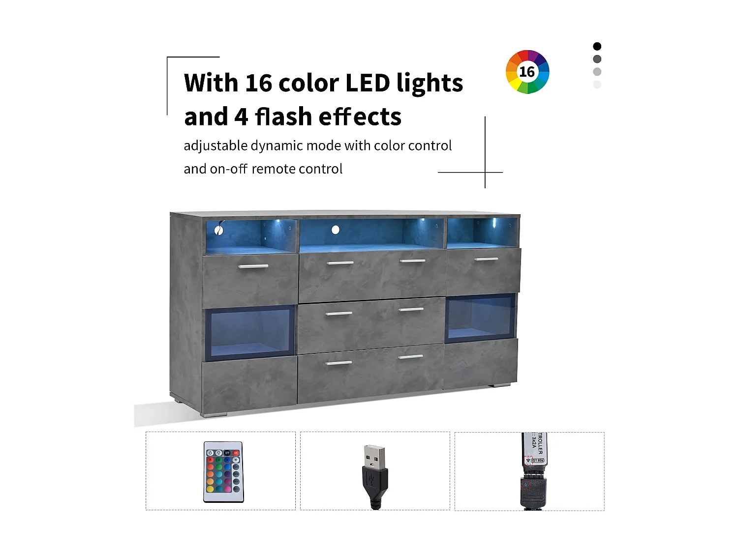 Nowoczesna komoda do przechowywania - 140 x 33,5 x 72,5 cm - z diodami LED + 2 drzwi + 3 szuflady - płyta wiórowa - szara