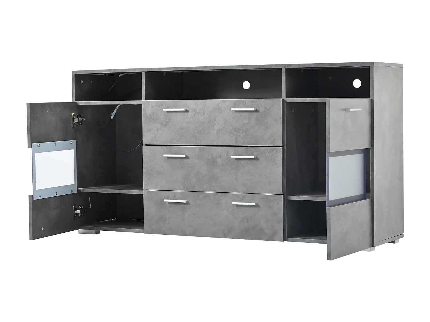 Nowoczesna komoda do przechowywania - 140 x 33,5 x 72,5 cm - z diodami LED + 2 drzwi + 3 szuflady - płyta wiórowa - szara
