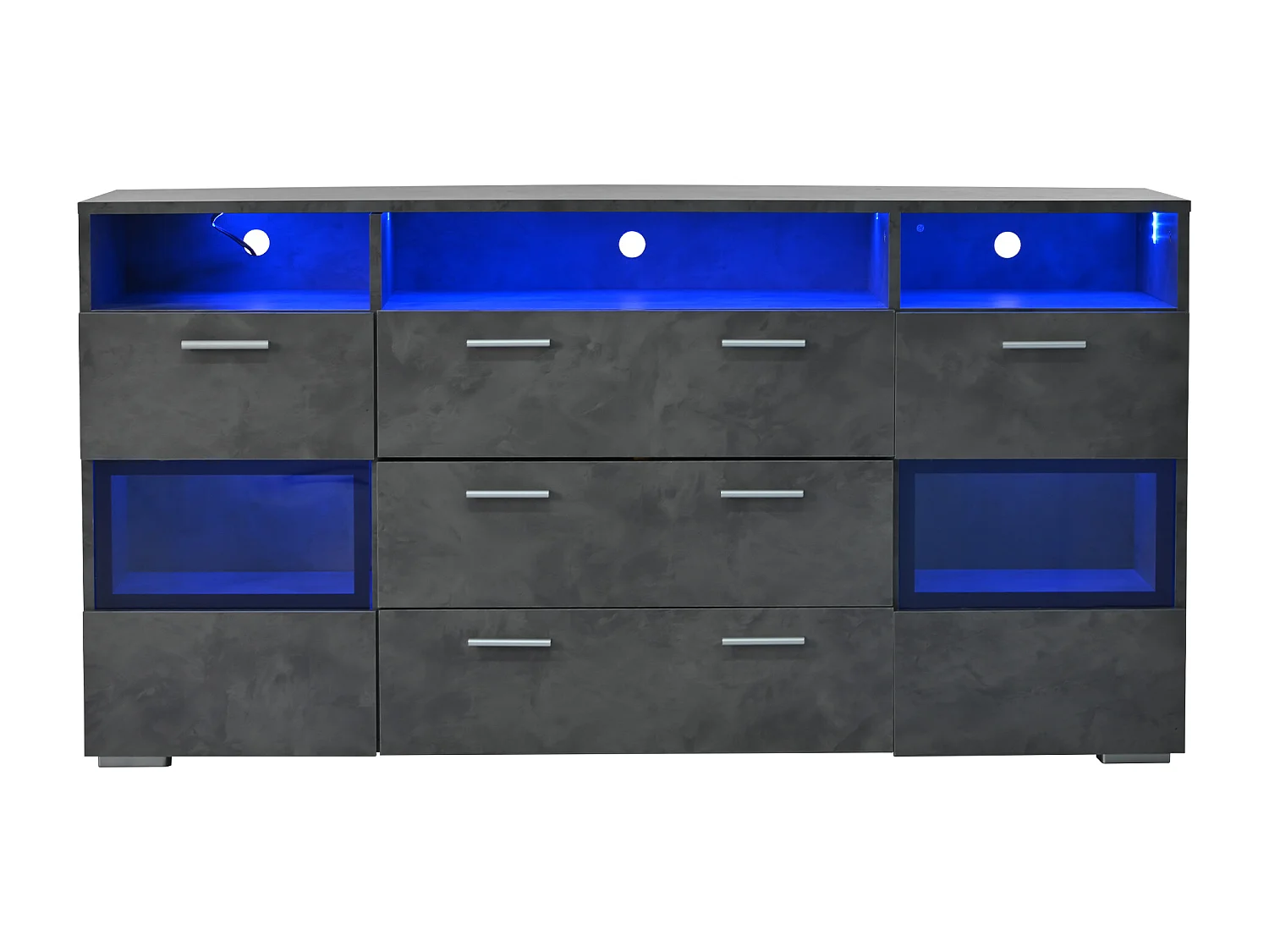 Nowoczesna komoda do przechowywania - 140 x 33,5 x 72,5 cm - z diodami LED + 2 drzwi + 3 szuflady - płyta wiórowa - szara