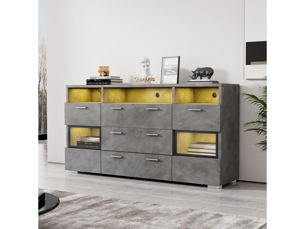 Modern opbergdressoir - 140 x 33,5 x 72,5 cm - met LED's + 2 deuren + 3 laden - spaanplaat - grijs