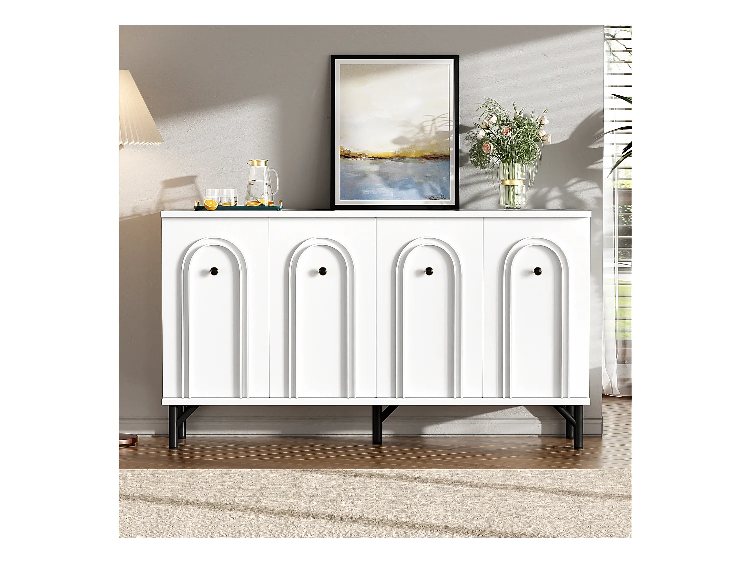 Buffet bas moderne - 140 x 34 x 78 cm - avec 4 portes + étagères réglables – aggloméré - blanc