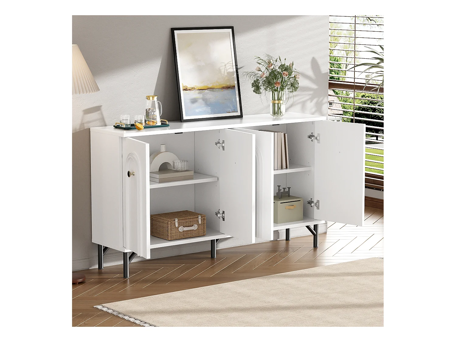 Buffet bas moderne - 140 x 34 x 78 cm - avec 4 portes + étagères réglables – aggloméré - blanc
