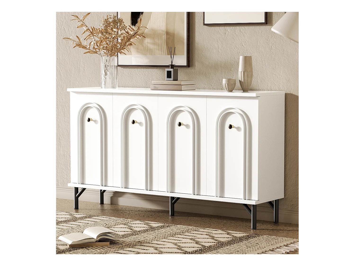 Buffet bas moderne - 140 x 34 x 78 cm - avec 4 portes + étagères réglables – aggloméré - blanc