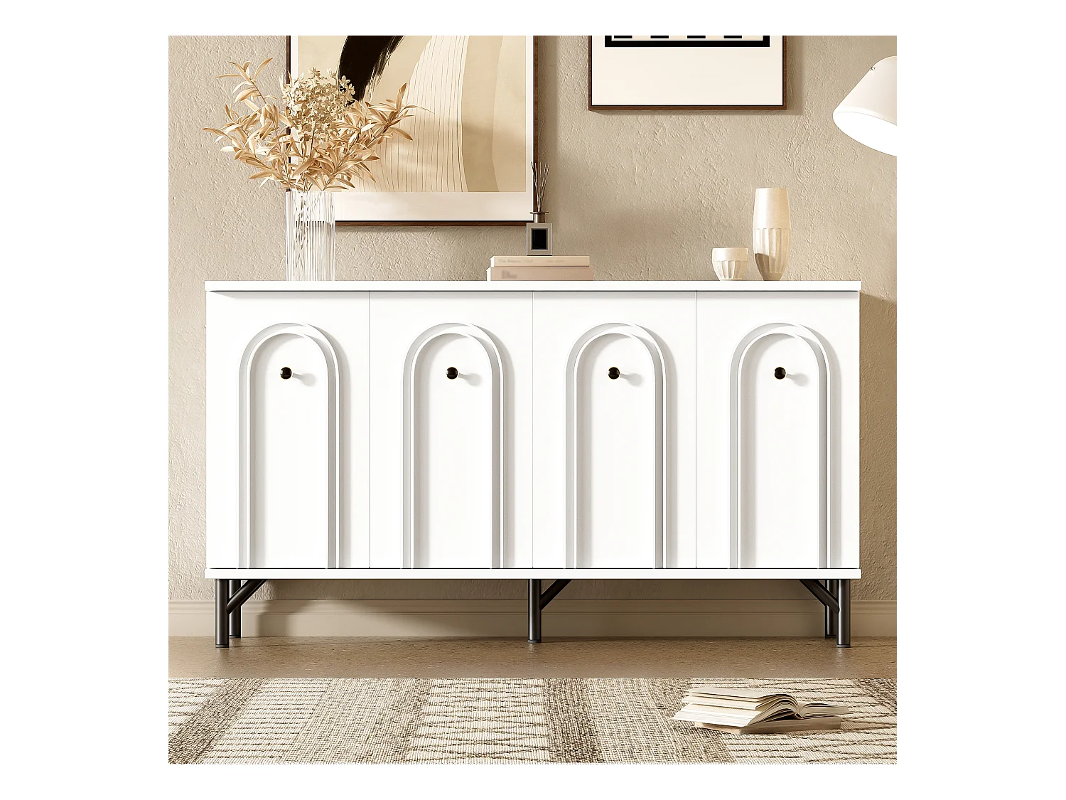 Buffet bas moderne - 140 x 34 x 78 cm - avec 4 portes + étagères réglables – aggloméré - blanc