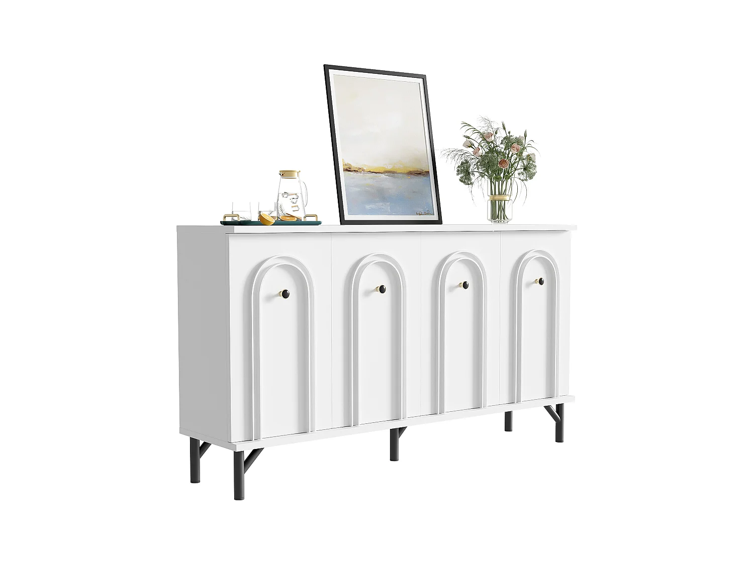 Buffet bas moderne - 140 x 34 x 78 cm - avec 4 portes + étagères réglables – aggloméré - blanc