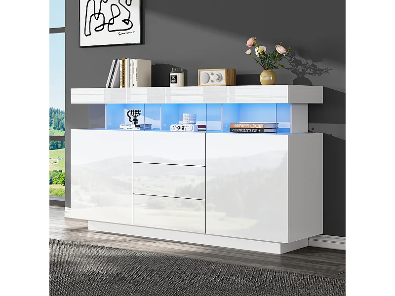 Aparador moderno de alto brillo - 140 x 35 x 80 cm - con LED de 16 colores - aglomerado - blanco