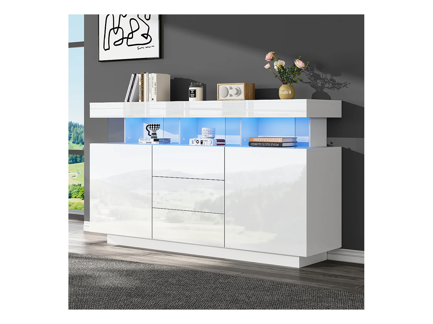 Buffet brillant moderne - 140 x 35 x 80 cm - avec Leds 16 couleurs + 3 tiroirs + 2 portes - aggloméré - blanc