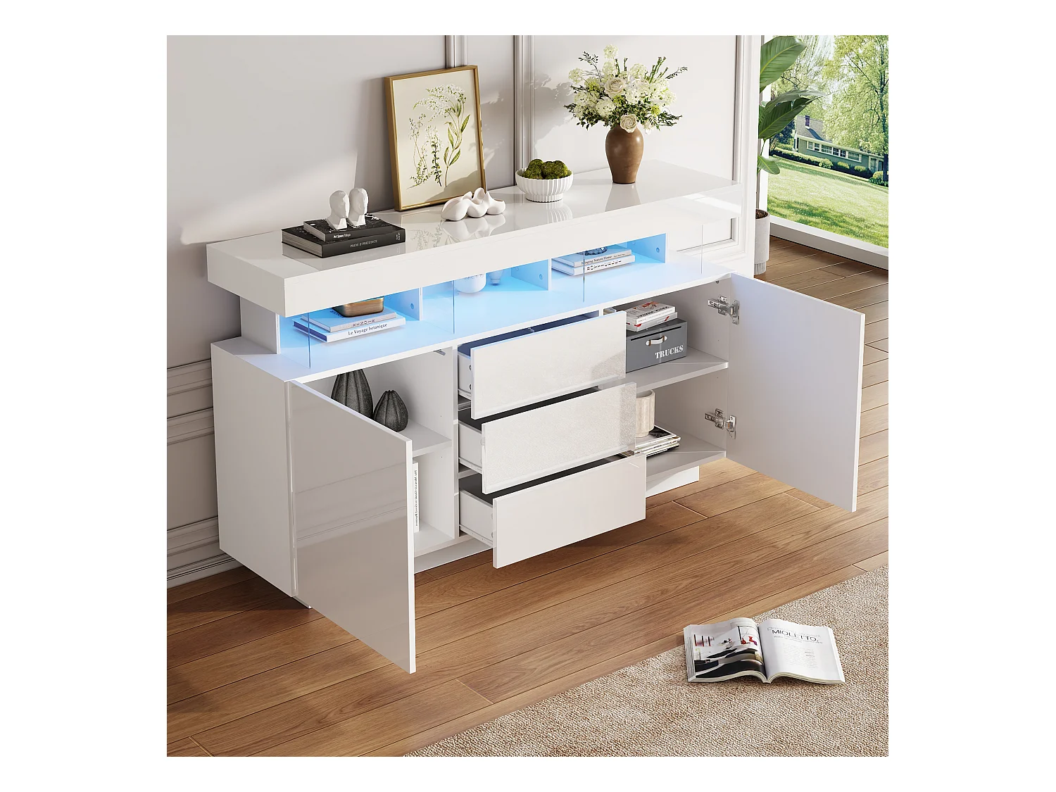 Buffet brillant moderne - 140 x 35 x 80 cm - avec Leds 16 couleurs + 3 tiroirs + 2 portes - aggloméré - blanc