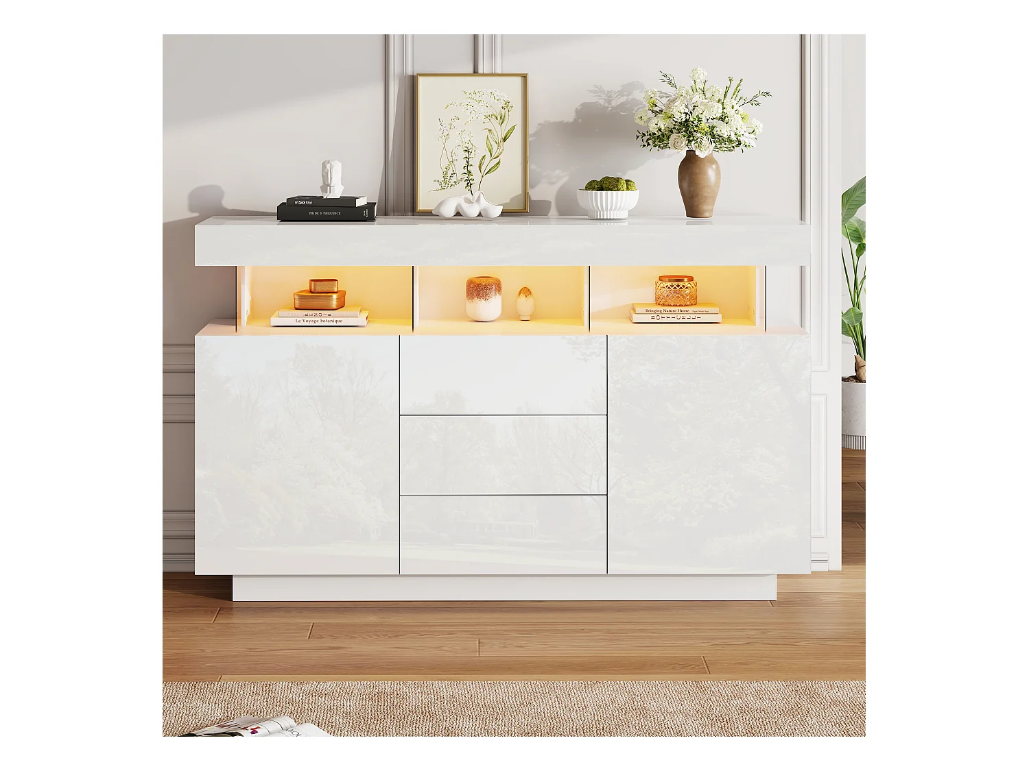 Buffet brillant moderne - 140 x 35 x 80 cm - avec Leds 16 couleurs + 3 tiroirs + 2 portes - aggloméré - blanc