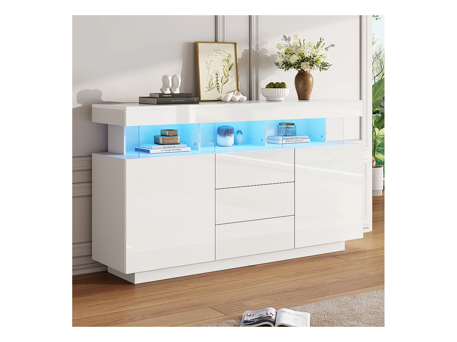 Buffet brillant moderne - 140 x 35 x 80 cm - avec Leds 16 couleurs + 3 tiroirs + 2 portes - aggloméré - blanc