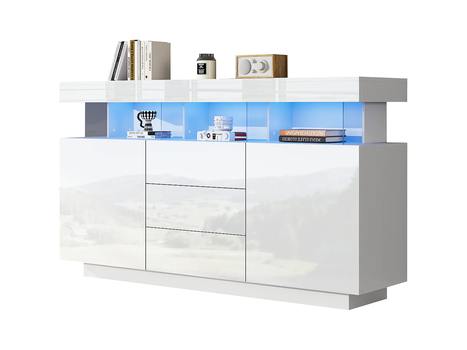 Buffet brillant moderne - 140 x 35 x 80 cm - avec Leds 16 couleurs + 3 tiroirs + 2 portes - aggloméré - blanc