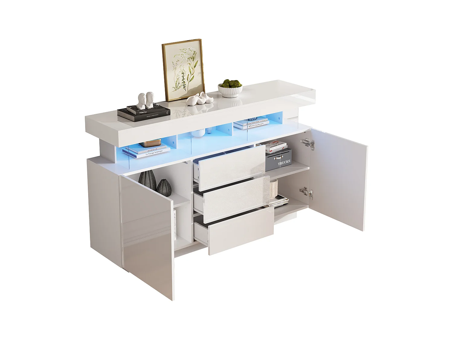 Buffet brillant moderne - 140 x 35 x 80 cm - avec Leds 16 couleurs + 3 tiroirs + 2 portes - aggloméré - blanc