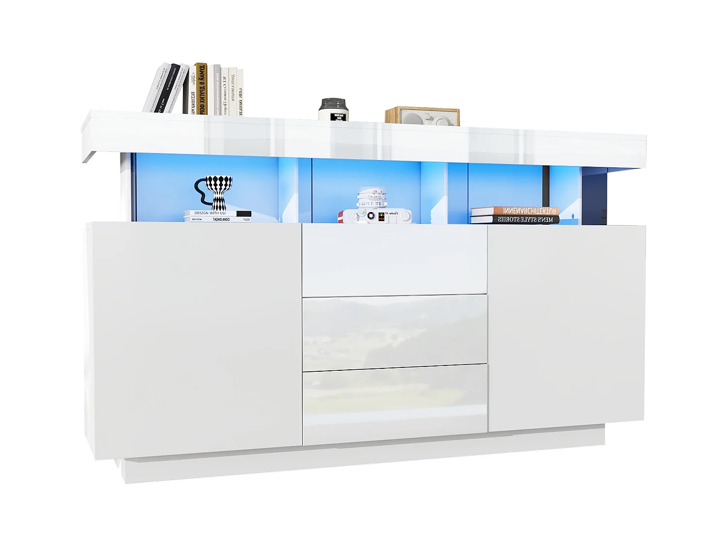Buffet brillant moderne - 140 x 35 x 80 cm - avec Leds 16 couleurs + 3 tiroirs + 2 portes - aggloméré - blanc