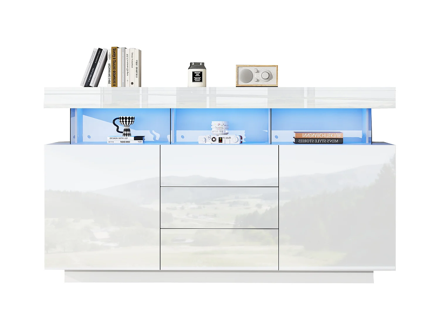 Buffet brillant moderne - 140 x 35 x 80 cm - avec Leds 16 couleurs + 3 tiroirs + 2 portes - aggloméré - blanc