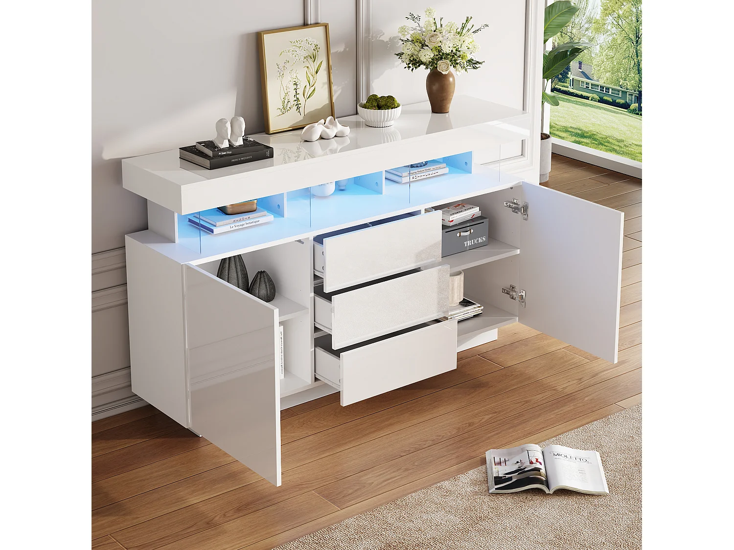Modern hoogglans dressoir - 140 x 35 x 80 cm - met 16-kleurige LED's - spaanplaat - wit