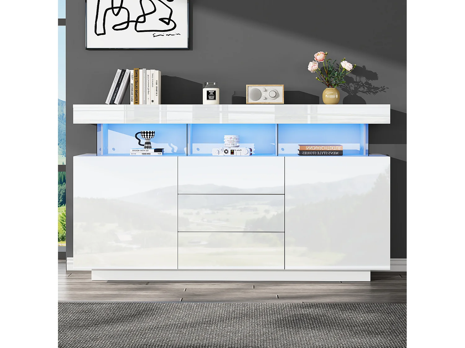 Modern hoogglans dressoir - 140 x 35 x 80 cm - met 16-kleurige LED's - spaanplaat - wit
