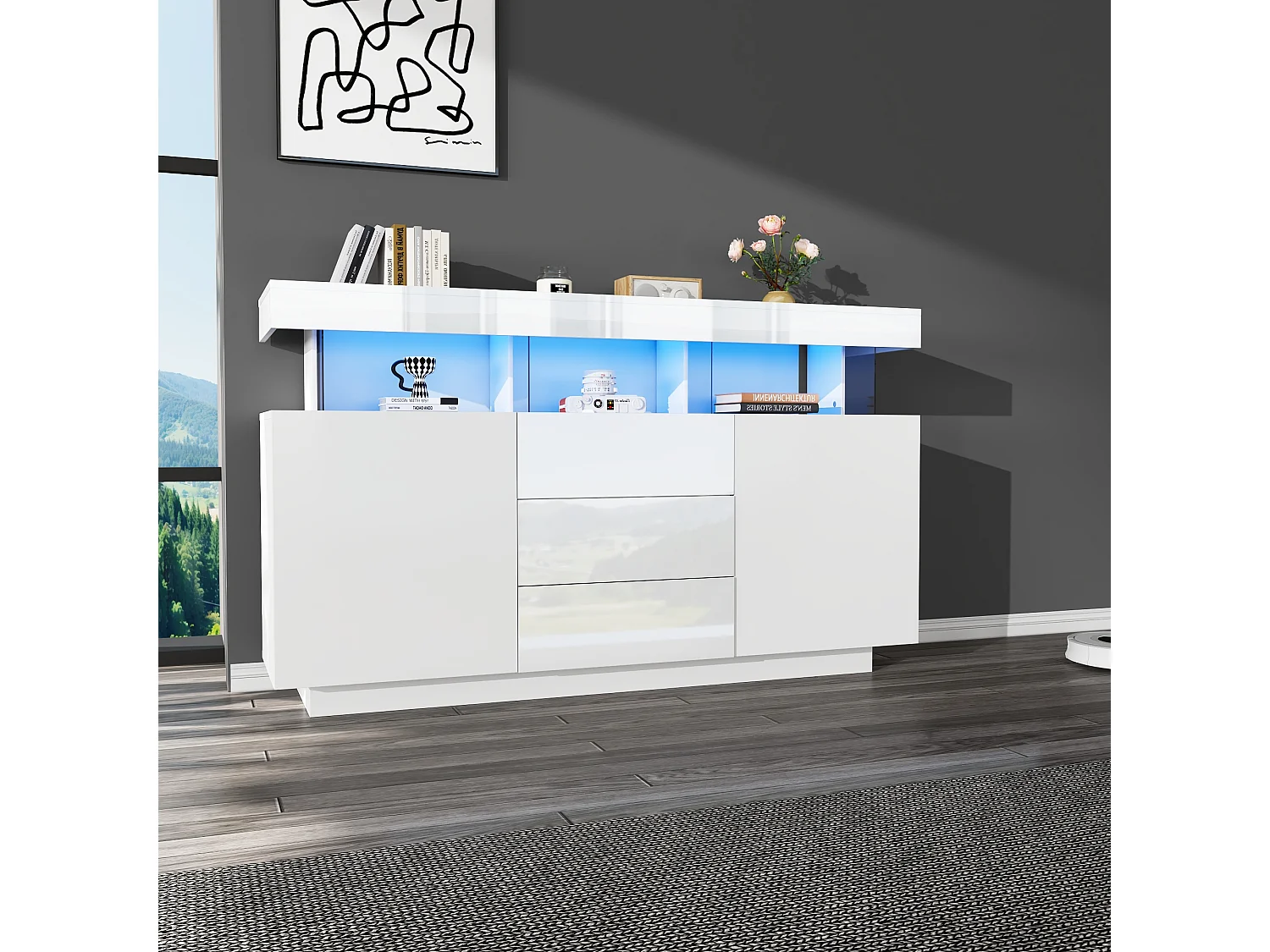 Modern hoogglans dressoir - 140 x 35 x 80 cm - met 16-kleurige LED's - spaanplaat - wit