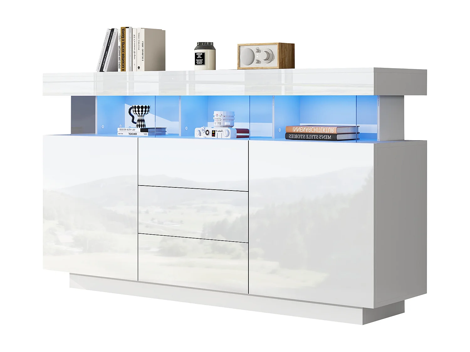 Modern hoogglans dressoir - 140 x 35 x 80 cm - met 16-kleurige LED's - spaanplaat - wit