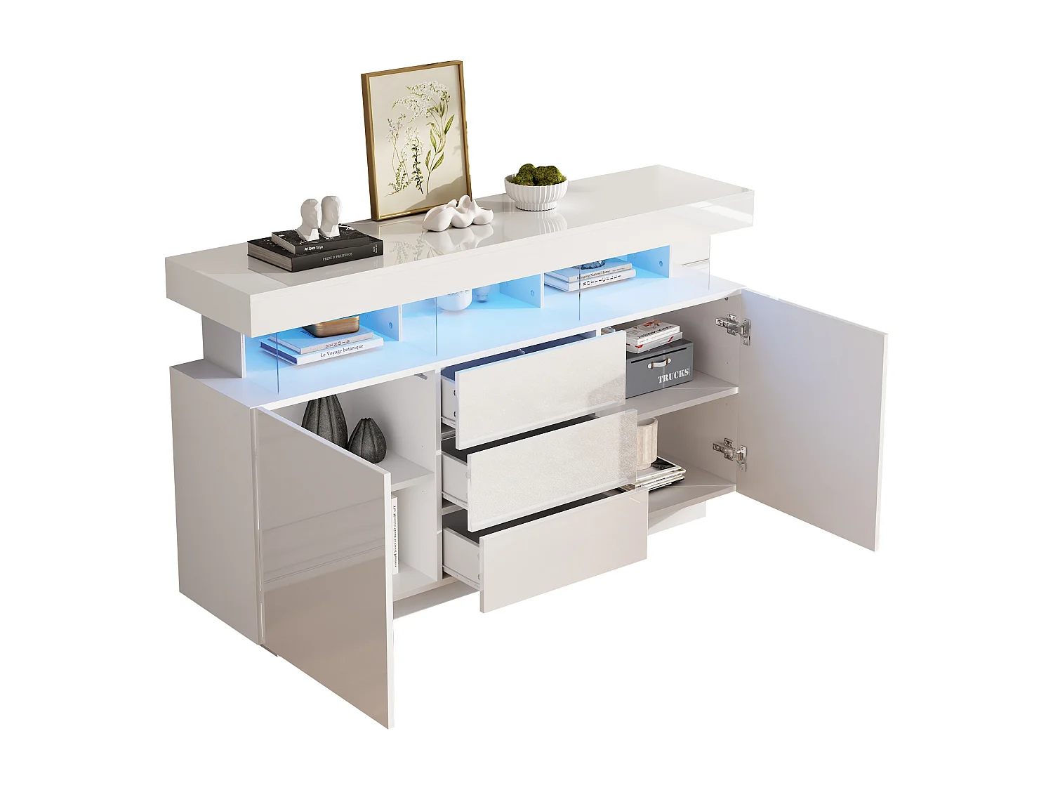 Modern hoogglans dressoir - 140 x 35 x 80 cm - met 16-kleurige LED's - spaanplaat - wit