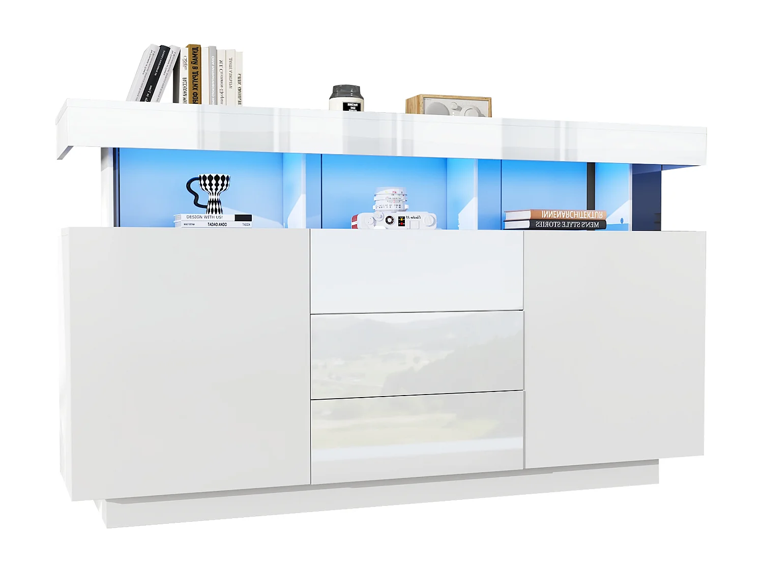 Modern hoogglans dressoir - 140 x 35 x 80 cm - met 16-kleurige LED's - spaanplaat - wit