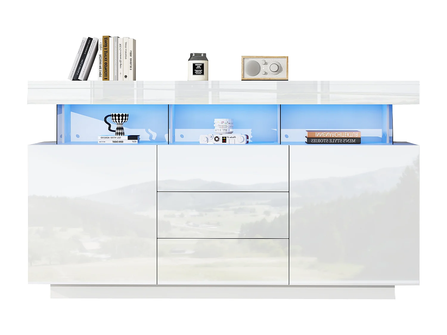 Modern hoogglans dressoir - 140 x 35 x 80 cm - met 16-kleurige LED's - spaanplaat - wit