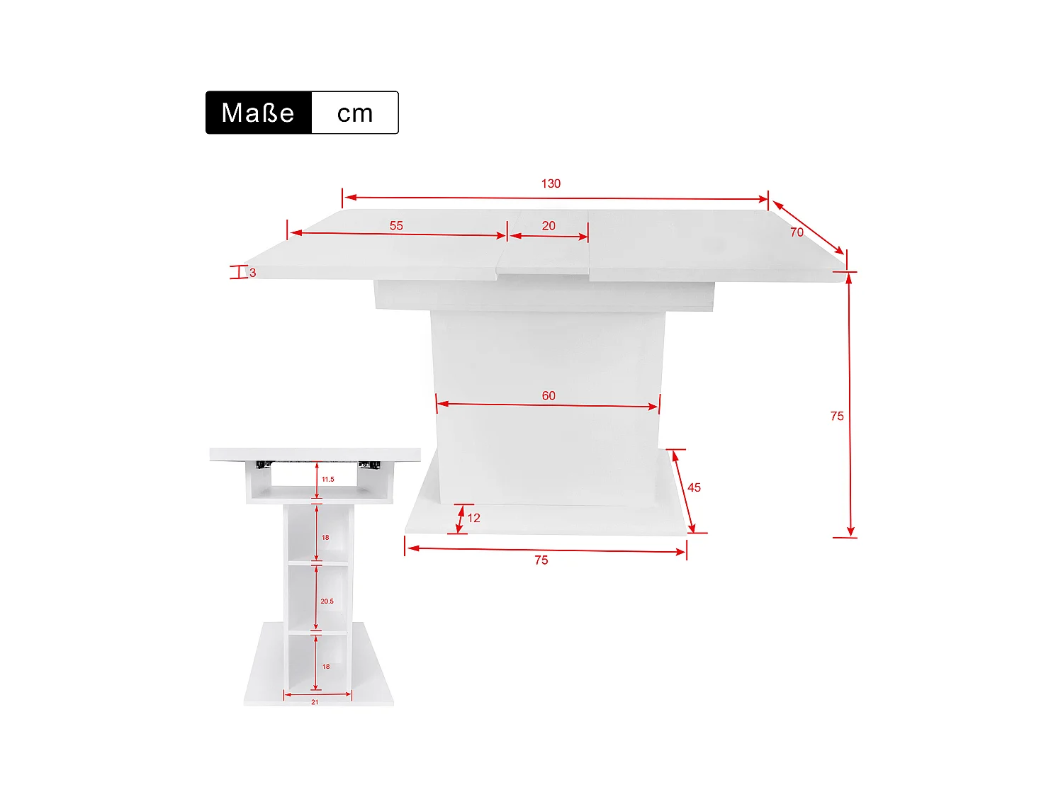 Table à manger extensible 4-6 personnes 130x70cm en Panneau de particule avec rangement, blanc