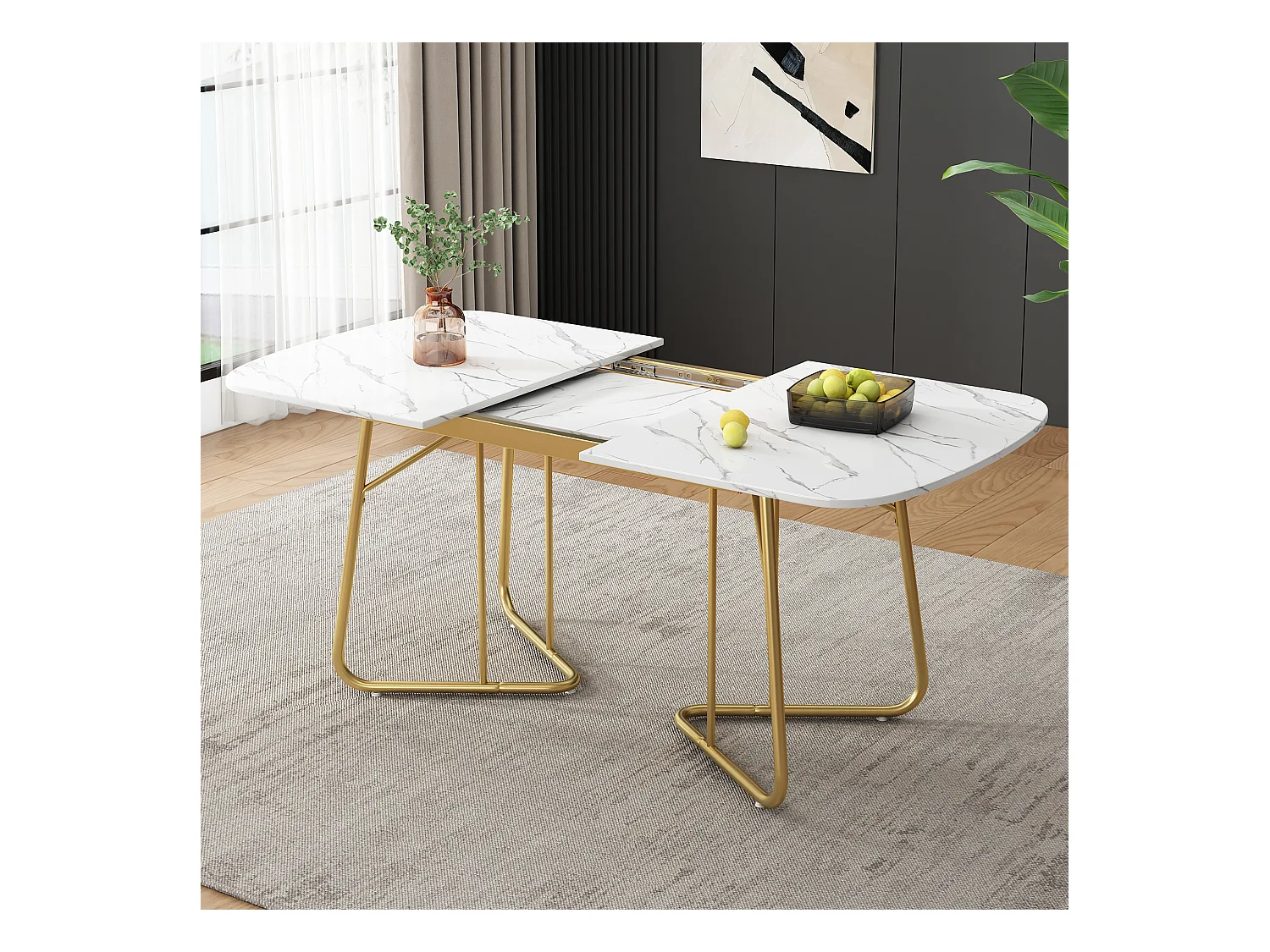 Mesa de comedor extensible para 4-6 personas 180x80cm en MDF con patas de metal dorado, chapa de mármol blanco