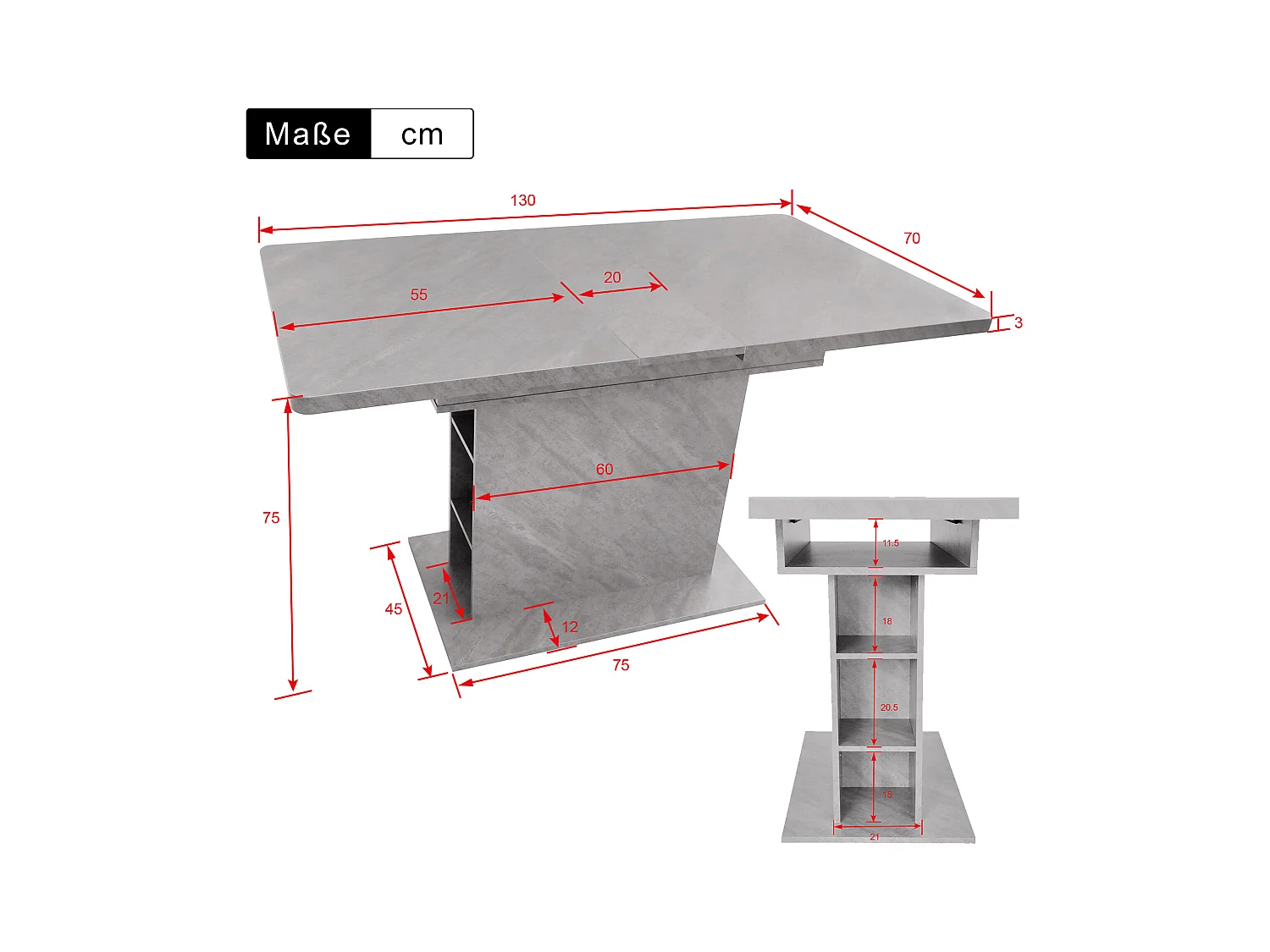 Table à manger extensible 4-6 personnes 130x70cm en Panneau de particule avec rangement, placage marbre gris