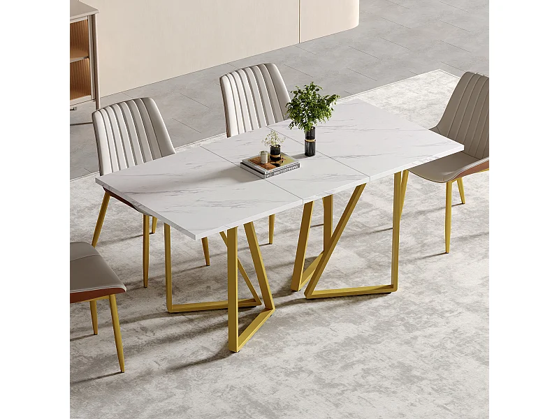 Ausziehbarer Esstisch - 160 x 73 x 74 cm - mit verstellbaren Beinen - MDF + Metall - Weiß + Gold